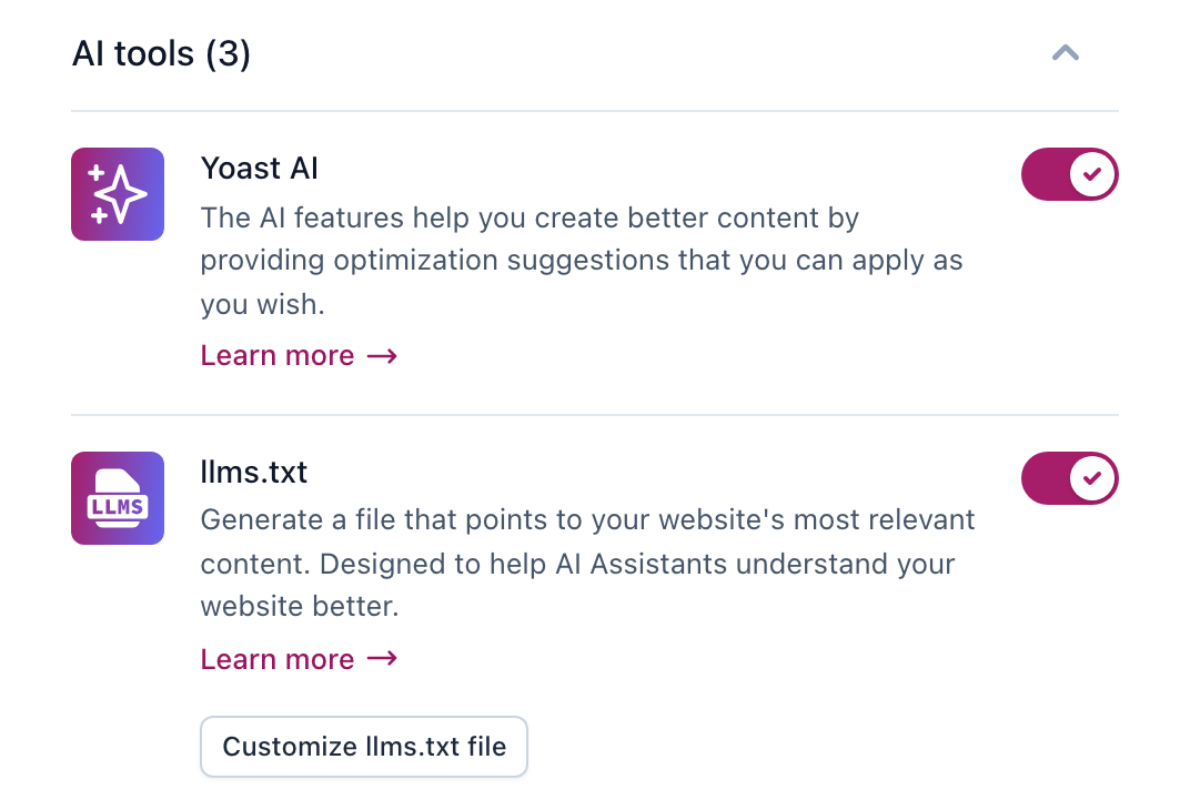 Yoast SEO Site features screen in our lab, AI tools group: the Yoast AI and llms.txt switches are on, with a Customize llms.txt file button under the llms.txt text