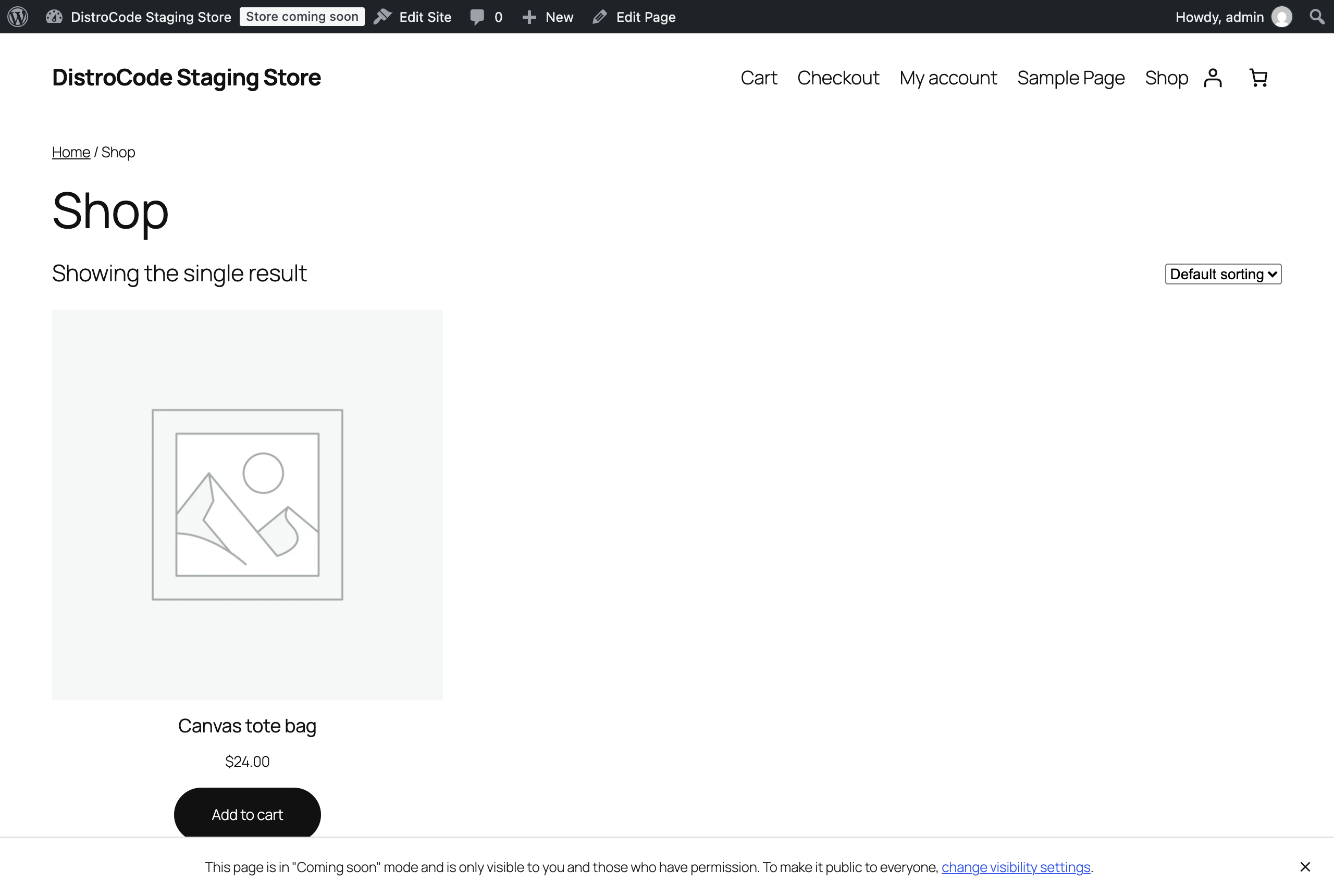 The same shop page as admin, with the Store coming soon badge in the toolbar