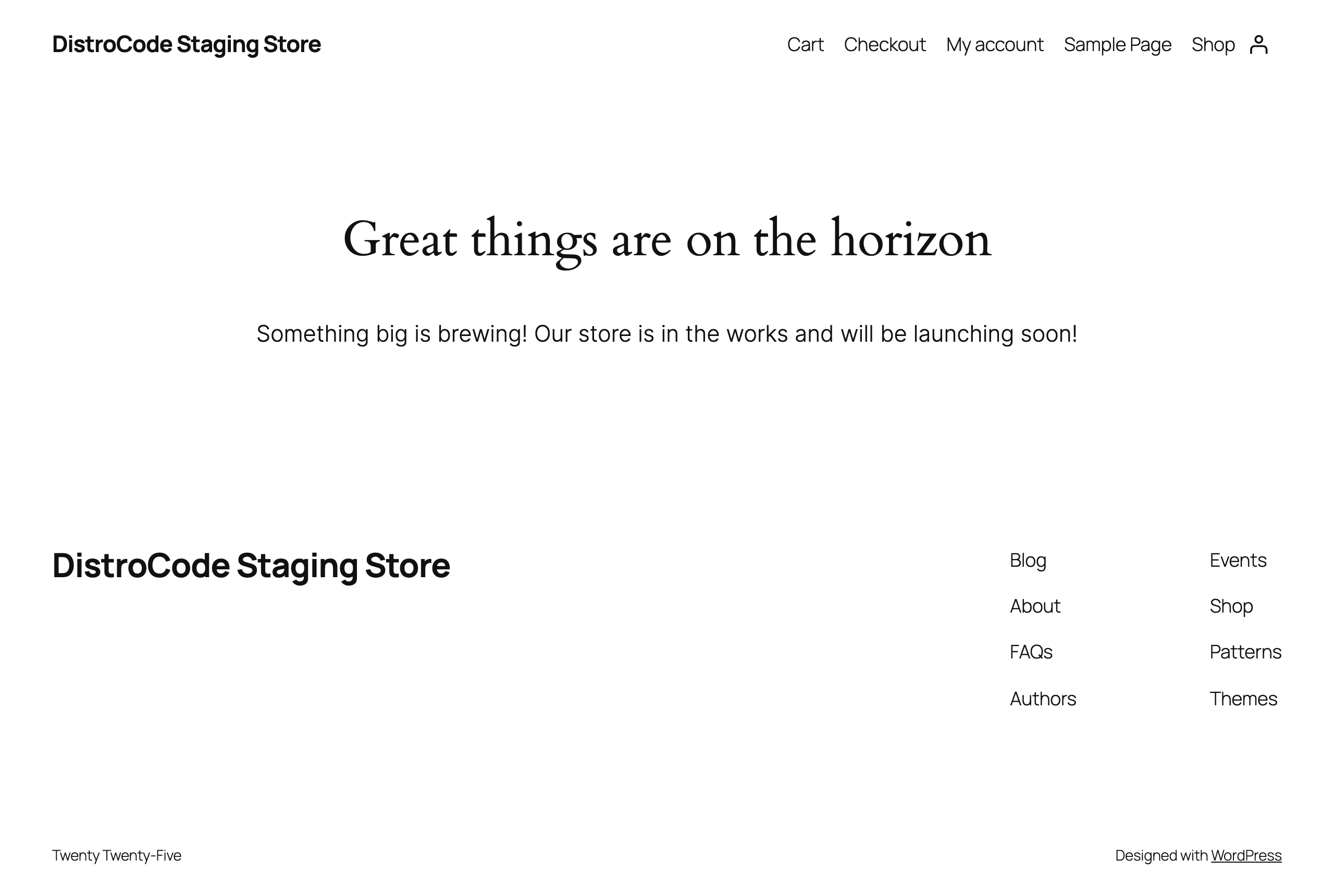 The shop page as a logged-out visitor in our lab, showing only the heading Great things are on the horizon