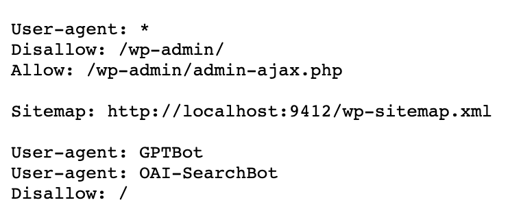 robots.txt from our WordPress lab in a browser, ending with User-agent GPTBot, User-agent OAI-SearchBot and Disallow slash