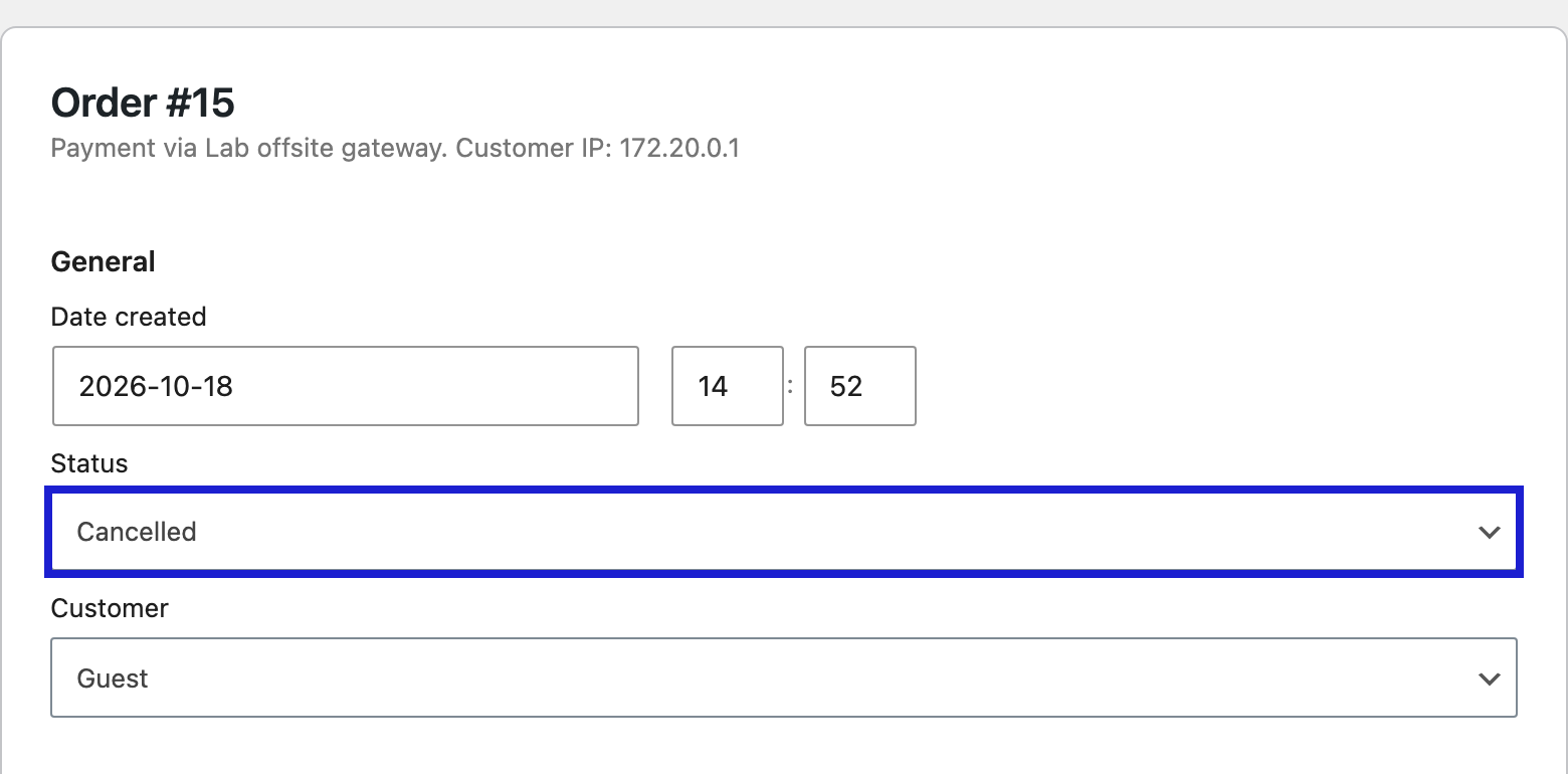 The same Edit order screen for order 15 a few minutes later, Status now Cancelled