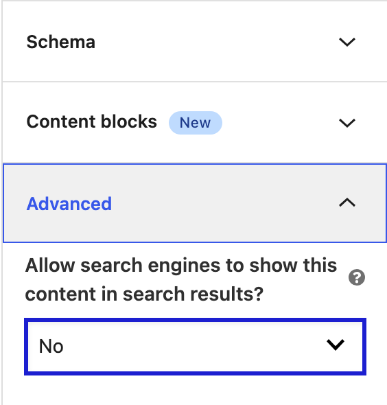 The WordPress page editor with the Yoast SEO sidebar open and the Advanced section expanded, showing Allow search engines to show this content in search results? set to No