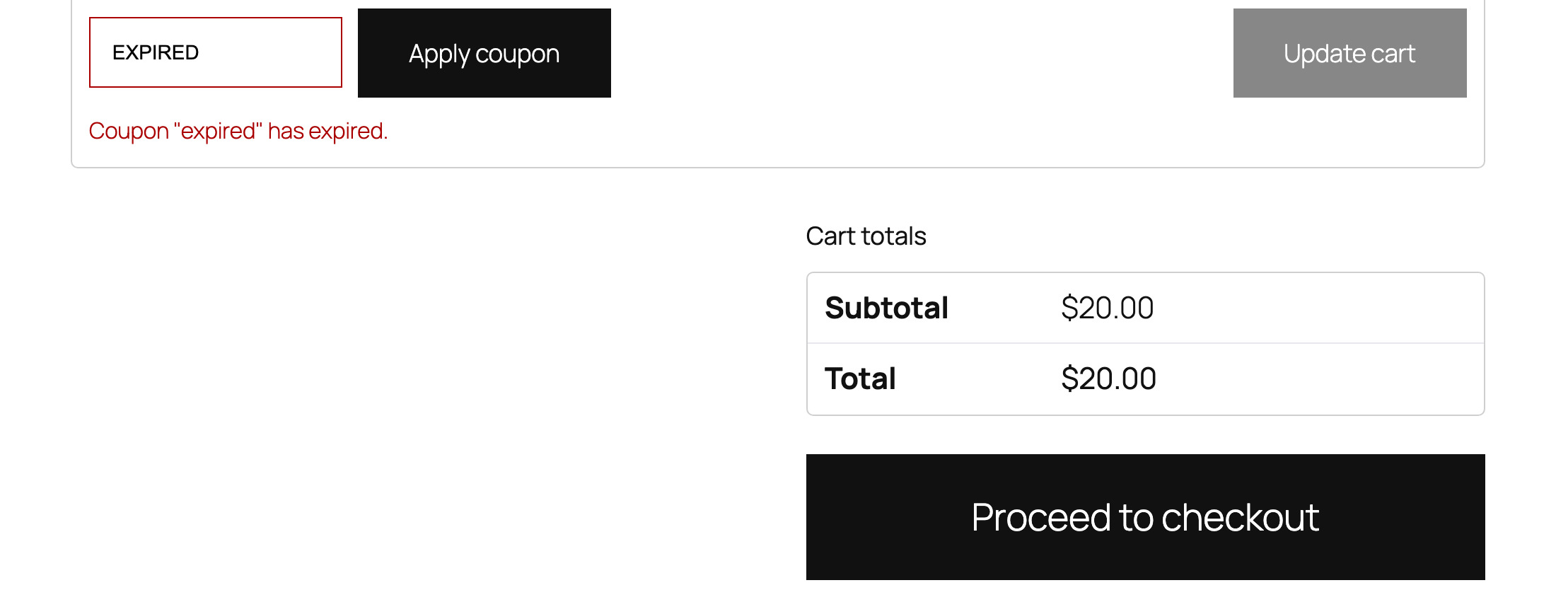 The classic WooCommerce cart in our lab with EXPIRED in the coupon field and the red line Coupon expired has expired under the Apply coupon button, total $20.00