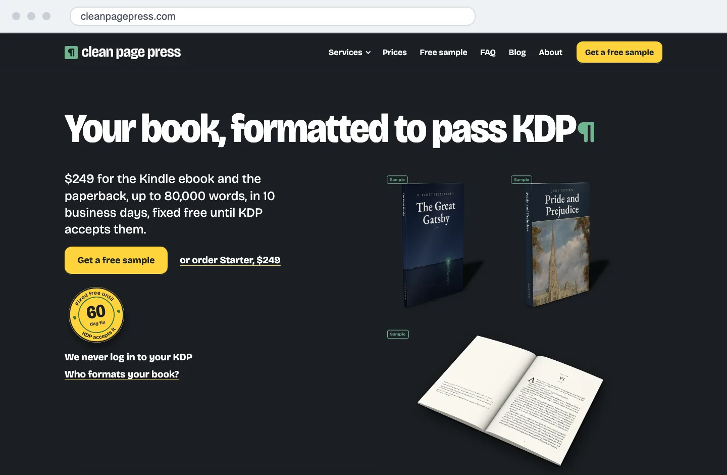 The Clean Page Press home page in a browser window: a dark page with the headline Your book, formatted to pass KDP, a yellow Get a free sample button and sample books.