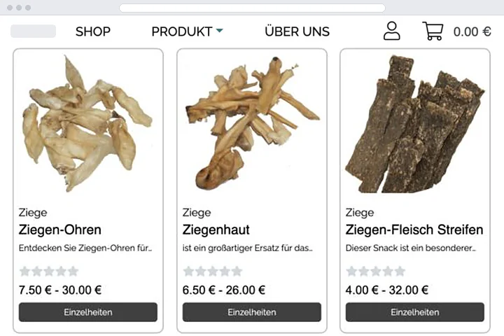 An online shop in German, shown in a plain browser window: a header with the shop menu and an empty cart, and three goat chew products with photos, prices and Einzelheiten buttons.