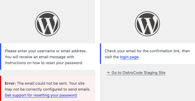 Two WordPress login screens side by side: on the left the error The email could not be sent, on the right Check your email for the confirmation link