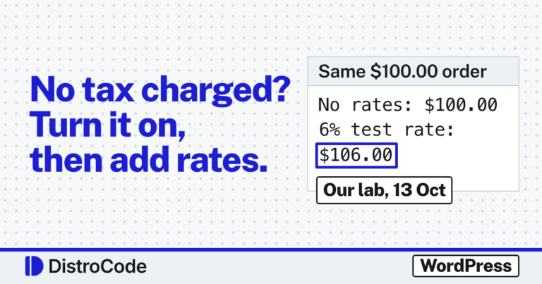 Card reading No tax charged? Turn it on, then add rates, with our lab result for the same $100.00 order: $100.00 with no rates, $106.00 with a 6% test rate.