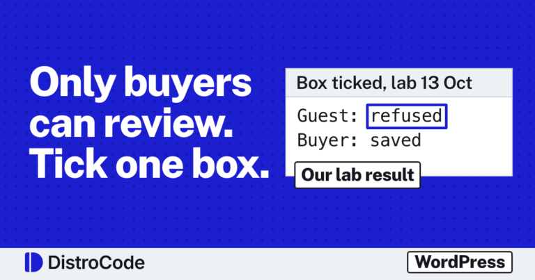 Only buyers can review. Tick one box. Our lab result, 13 Oct 2026, with the verified owners box ticked: guest review refused, buyer review saved.