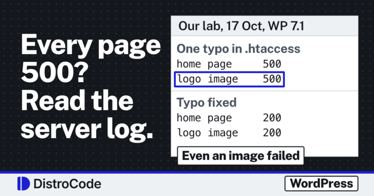 Card reading Every page 500? Read the server log. Beside it, lines from our 17 Oct 2026 WordPress lab: with one typo in .htaccess the home page and a logo image both answer 500, and with the typo fixed both answer 200. A tag reads Even an image failed.