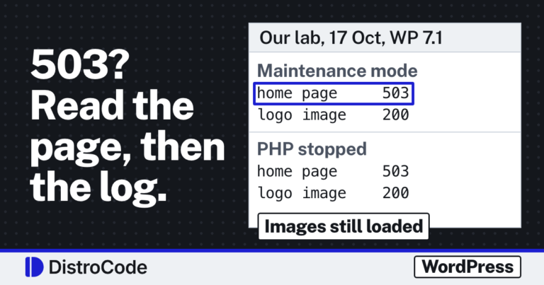 Card reading 503? Read the page, then the log. Beside it, lines from our 17 Oct 2026 WordPress lab: in maintenance mode the home page answers 503 and a logo image 200, and with PHP stopped the home page answers 503 and the logo image 200. A tag reads Images still loaded.