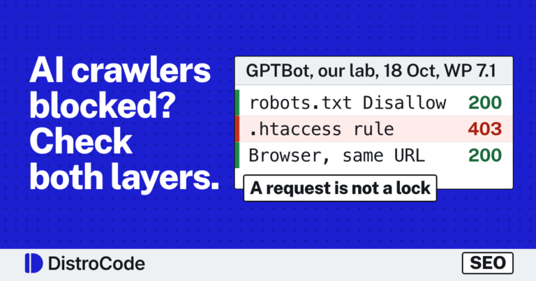 Card reading AI crawlers blocked? Check both layers. Beside it, a table headed GPTBot, our lab, 18 Oct, WP 7.1, with three rows: robots.txt Disallow, 200; .htaccess rule, 403, shaded red; browser on the same URL, 200. A tag reads A request is not a lock. DistroCode, SEO.