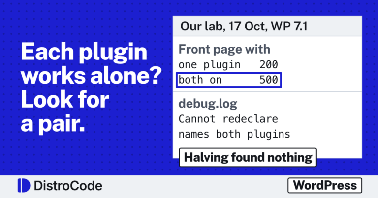 Card reading Each plugin works alone? Look for a pair. Beside it, lines from our 17 Oct 2026 WordPress lab: the front page with one plugin answers 200, with both on 500, and the debug.log Cannot redeclare line names both plugins. A tag reads Halving found nothing.