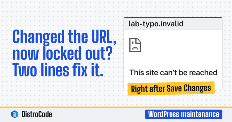 Chrome's error page from our WordPress lab right after Save Changes with a dead WordPress Address: the tab reads lab-typo.invalid and the page says This site can't be reached, next to the line Changed the URL, now locked out? Two lines fix it.