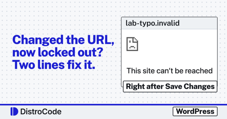Chrome's error page from our WordPress lab right after Save Changes with a dead WordPress Address: the tab reads lab-typo.invalid and the page says This site can't be reached, next to the line Changed the URL, now locked out? Two lines fix it.