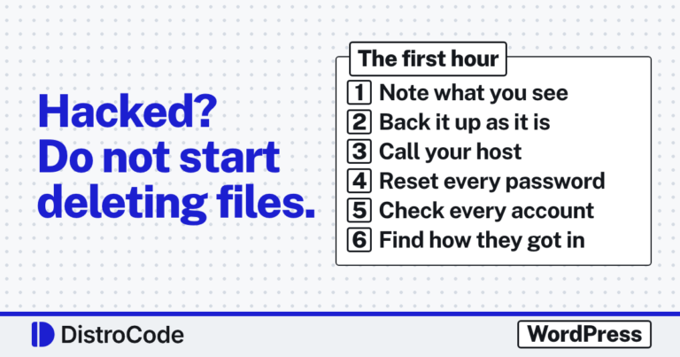 A six step checklist for the first hour after a WordPress site is hacked: note what you see, back it up as it is, call your host, reset every password, check every account, find how they got in