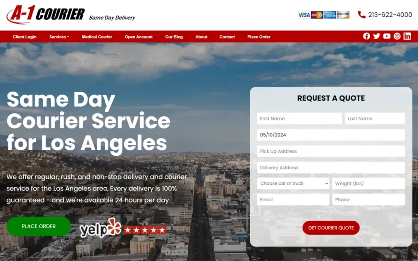 A-1 Courier home page: a same-day courier headline over a Los Angeles skyline, next to a request-a-quote form.