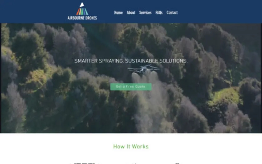 Airbourne Drones home page: a drone over a forest, with a get-a-free-quote button.