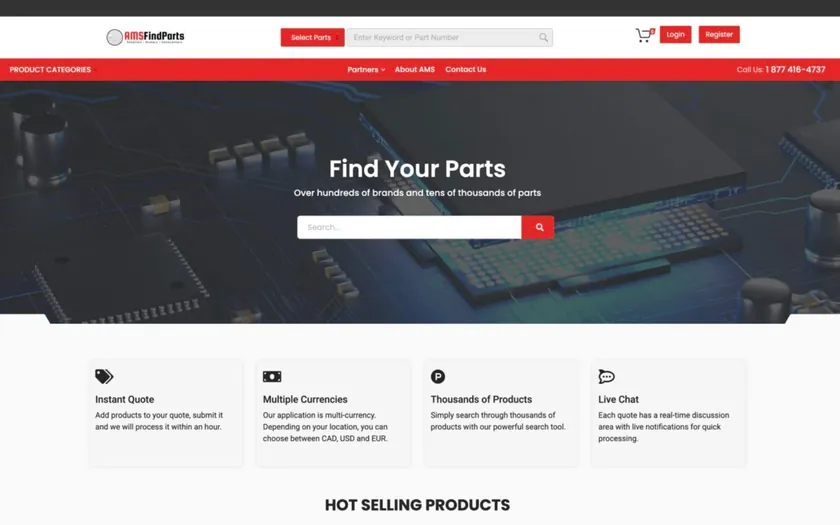 AMS Find Parts home page: a part number search over a photo of circuit boards, with instant quotes and two currencies listed below.