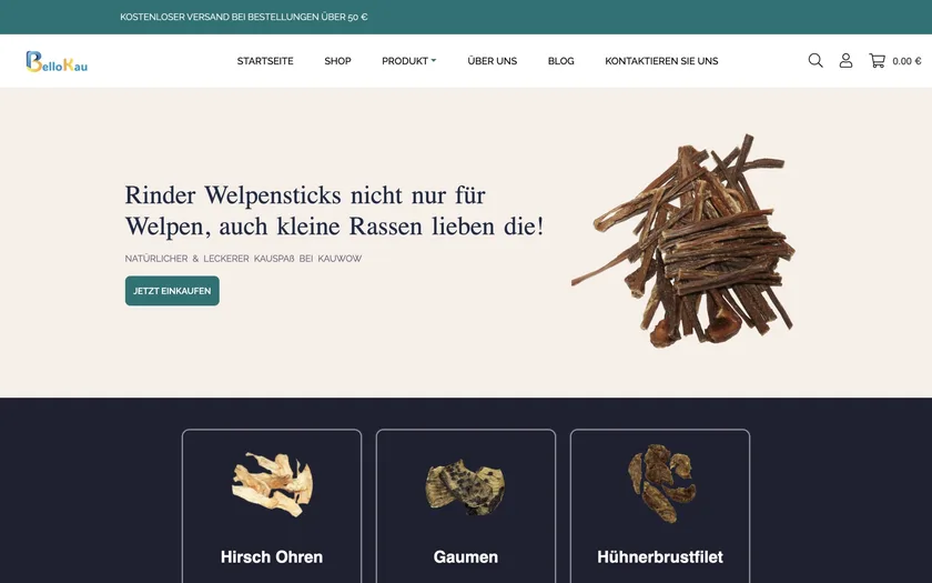 BelloKau shop home page in German: a banner for beef chew sticks for puppies above three product tiles.