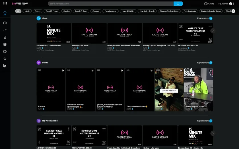 Facto Stream home page: a dark video library with a search bar, category filters and a row of music videos.