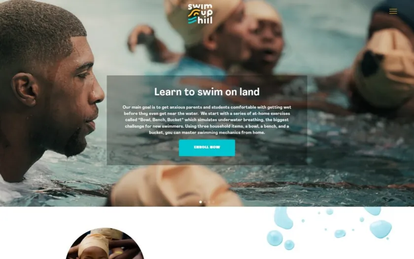 Swim Uphill home page: a swimmer in a pool beside a learn-to-swim-on-land panel.