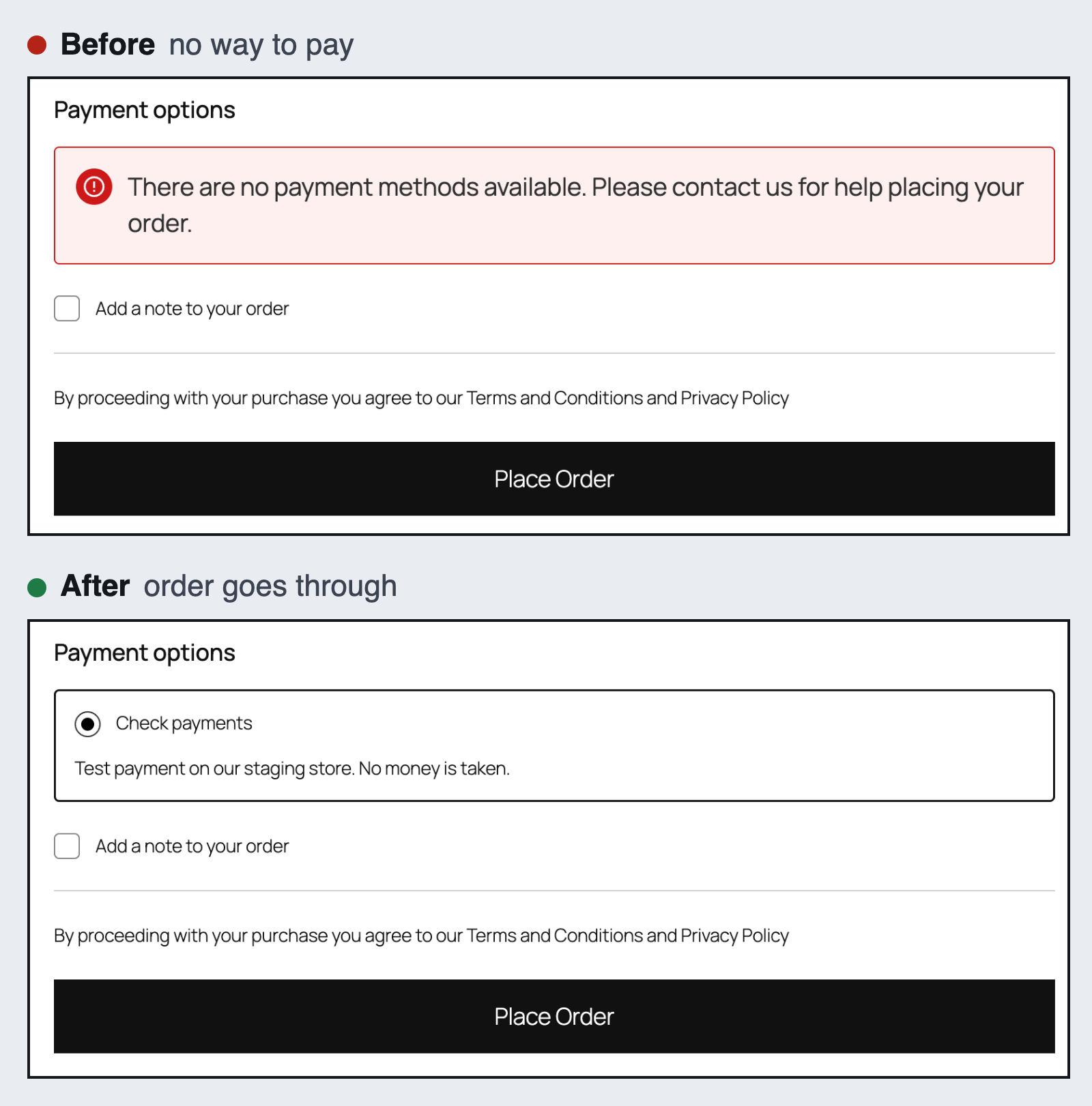 Two checkout screenshots, one above the other. Before: the message There are no payment methods available. After: Check payments is offered and the order can be placed.